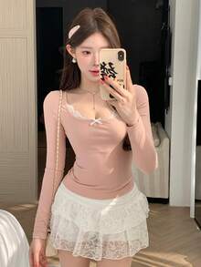DAZY 女士蕾丝拼接豹纹长袖修身T恤 - 粉色 - 查看 6