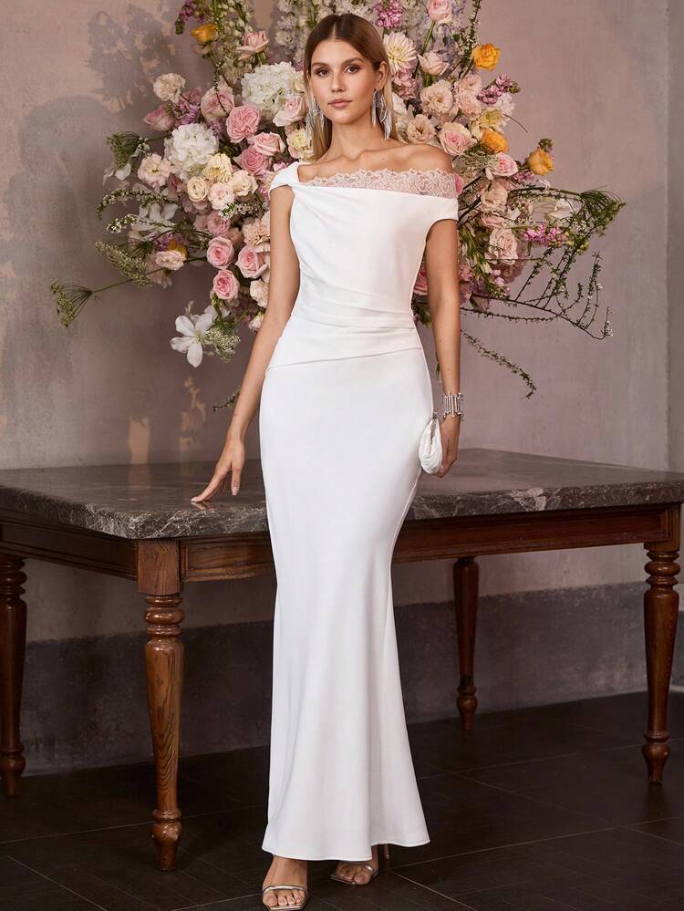 MOTF Soiréza ASYMMETRICAL SHOULDER LACE TRIM RUCHED WAIST MERMAID HEM COCKTAIL DRESS