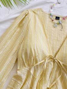 Soleia Women's Striped Front Tie V-Neck Flare Sleeve Ruffle Hem Blouse - Light Yellow - View 4