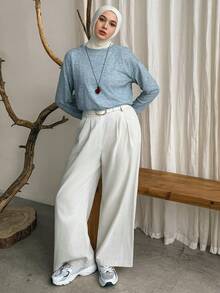 Livesso Women's Spring/Summer Casual Solid Color Loose Drop Shoulder Long Sleeve Top - Baby Blue - View 5