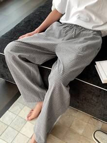 DAZY Pantalones de estar por casa con cintura elástica a rayas grises para hombres, primavera/verano - Gris - Ver 7