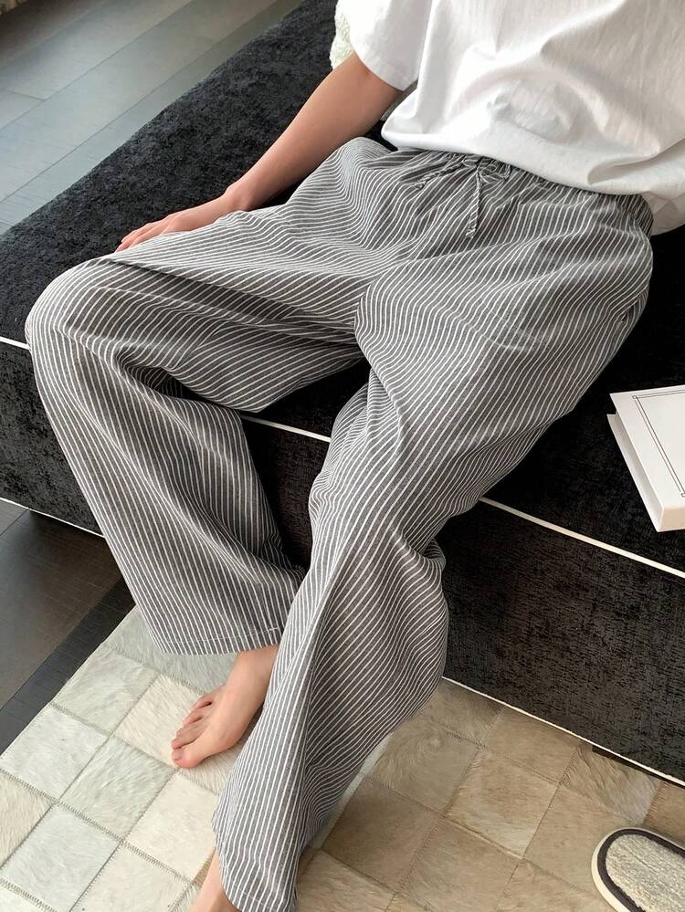 Men's Striped Gray Elastic Waist Loungewear Bottoms, Spring/Summer