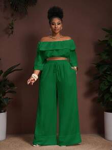 Veslaya 2025新款春夏沙滩/户外休闲/音乐节/复古西式度假/休闲度假/旅游/城市度假宽松白色竹纤维露肩荷叶边半袖短款上衣，配有松紧腰带抽绳和口袋，搭配阔腿裤两件套 - 綠色 - 查看 2