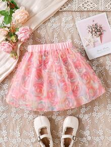 SHEIN 少女彩色3D玫瑰纹理网纱A字公主裙，百搭可爱甜美日常装扮 - 粉色 - 查看 6