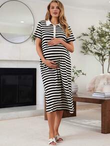 SHEIN 孕妇夏季休闲通勤黑白条纹印花Polo领连衣裙 - 黑與白 - 查看 7