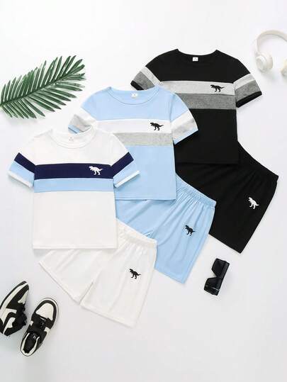 6pcs/Set Young Boy Casual Sports Streetwear Cute Stylish Tricolor Dinosaur Print T-Shirt + Shorts, Suitable For Daily Wear, School, Outings, Sports, Spring/Summer, Providing Multiple Matching Options For Toddler Boys. The Overall Design Is Simple And Generous, Comfortable And Fashionable To Wear. This T-Shirt And Shorts Set Will Make Toddler Boys Feel Comfortable And Showcase A Casual Look. This Outfit Combination Will Become A Practical And Fashionable Choice In The Wardrobe Of Toddler Boys.