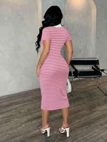SHEIN SXY 女士休闲条纹Polo衫连衣裙，针织弹力修身中长连衣裙，法式优雅连衣裙 - 粉色 - 查看 2