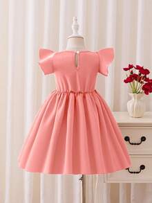 Glamorique Kids 年轻女孩优雅高档酒红色缎面蝴蝶结装饰泡泡袖连衣裙，正式场合穿着 - 粉色 - 查看 2