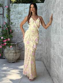 Aloruh Đầm đi biển dáng ôm thanh lịch dành cho nữ, có viền bèo nhún và họa tiết hoa. - Nhiều màu - Xem 3