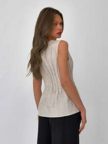 Aloruh 女士优雅通勤圆领收腰褶皱无袖衬衫 - 卡其色 - 查看 4