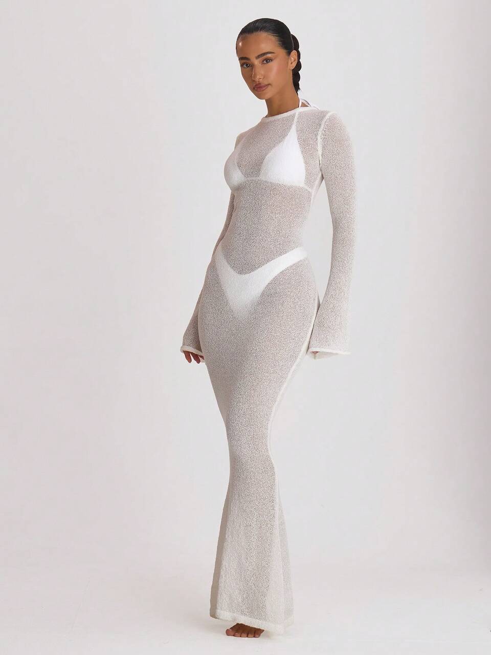 Vestido Maxi de Punto Blanco para Playa con Escote Redondo en la Espalda