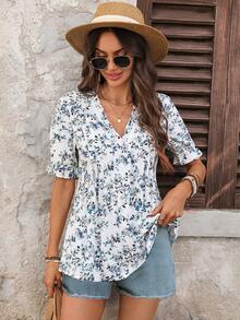 EMERY ROSE Damen V-Ausschnitt Blumen Muster Lässig vielseitig Alltagskleidung Hemd Sommer Oberteile Urlaubsoutfits Damen Sommerurlaub Outfits Urlaubsoutfits für Damen V-Ausschnitt Blusen für Damen Damen Blusen Sommer Kurzarm Sommer Oberteile V-Ausschnitt Tops Sommer Lässig Tops Urlaubsoutfits Damen Ausgeh-Oberteile für Damen - Verschiedenfarbig - Übersicht 5