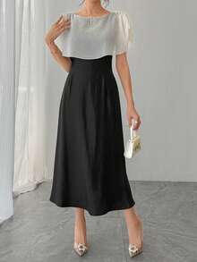 DAZY Women's Round Neck Mesh Shawl Patchwork Elegant Waist Cinched Long Party Dress - Black - View 7