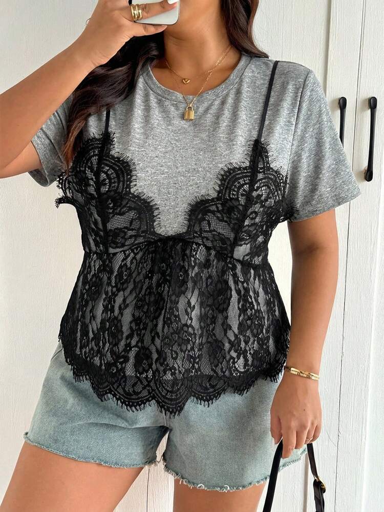 Lounesse Plus Size Elegant Lace Patchwork Round Neck Short Sleeve T-Shirt, Summer Tops - Grey - View 3