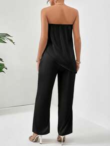 Firerie Bộ đồ thời trang 2 mảnh dành cho nữ, gồm áo quây và quần dài màu trơn, vạt bất đối xứng. - màu đen - Xem 2