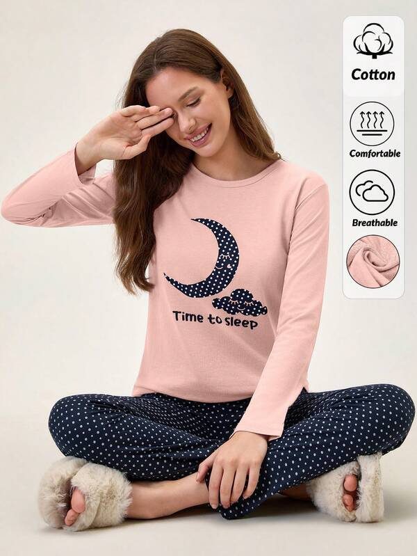 Loomlin 2pcs Cotton Pink Navy Moon Printed Shirt And Star Printed Sleep Bottom PJ Set Back-To-School Home Sleeping Autumn Casual Cute Kawaii