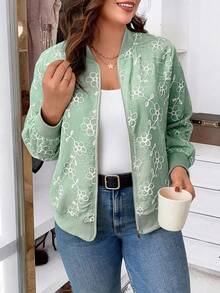 Easura Plus Size Embroidered Linen-Look Long Sleeve Jacket - Mint Green - View 3