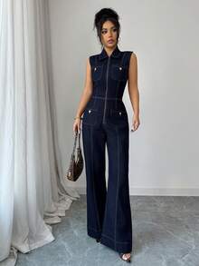 Elenzga Women Denim Overalls & Jumpsuits - Dark Wash - View 6