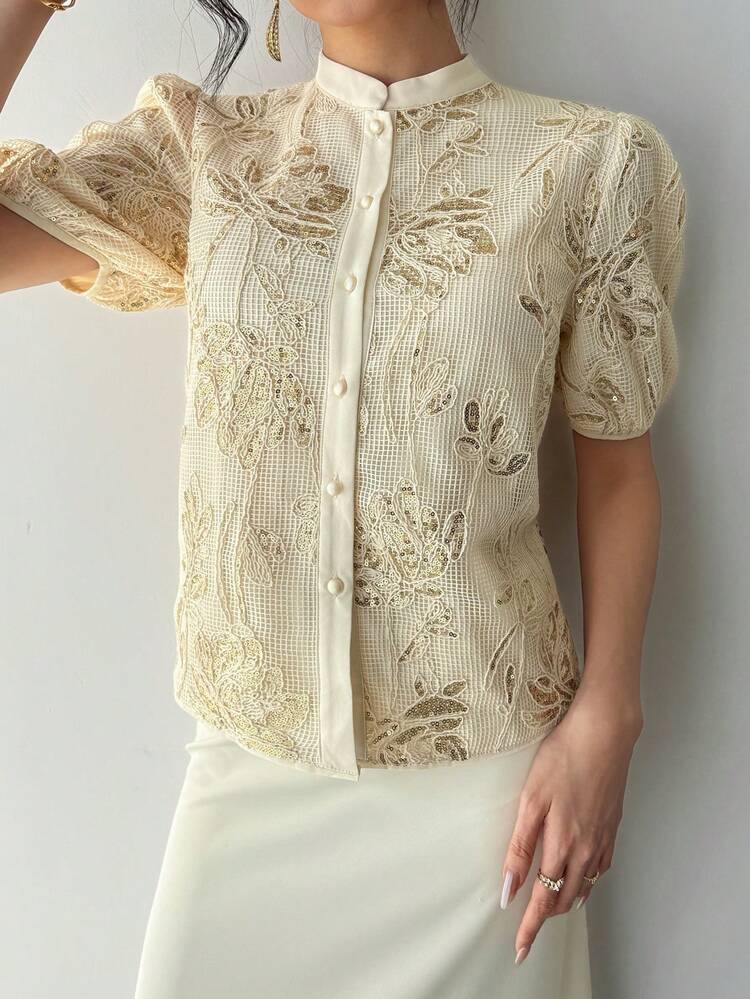 Women's Elegant Sequin Collar Puff Sleeve Blouse, Summer,Wedding Guest Dress Women