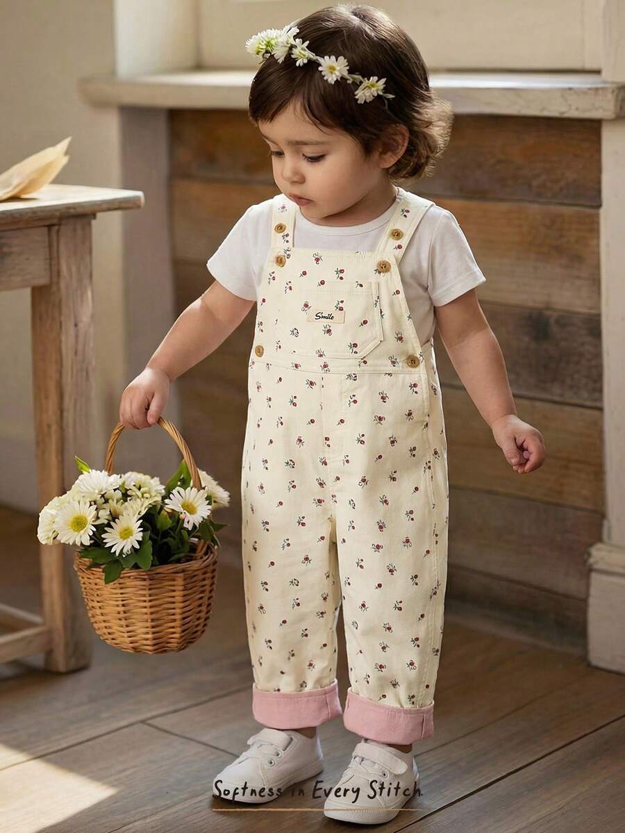 Cozy Pixies Baby Girl Floral Print Overalls Jumpsuit, Versatile & Comfortable,Spring To Summer Toddler Jumpsuit Romper Cute Vintage Style Toddler Girl Cherry Toddler Outfit Toddler Farm Clothes Toddler Overalls Girl Cotton Clothes Toddler Girls Cute Vintage Style - Apricot - View 1