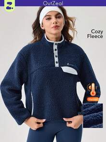 OutZeal 女士保暖抓绒立领套头衫，带前袋，适合冬季徒步露营 - 藍色 - 查看 1