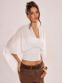 Avenya Knitted Tight Shawl Collar Flowy Tie T-Shirt Top - White - View 1