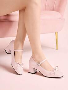 CUCCOO DOLLMOD Women's Light Pink Textured Round Toe Bow Decor Mary Jane Shoes, Sweet & Cute Style For Daily, Dating, Commuting - Pink - View 4