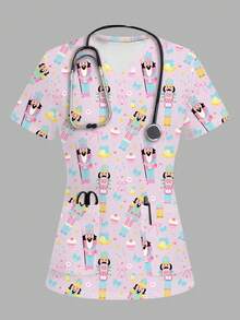 TaskEZ 粉色胡桃夹子士兵印花女式/护士服上衣 - 彩色 - 查看 1