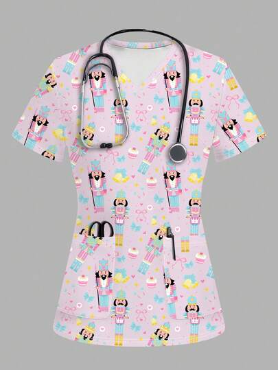 TaskEZ Rosa nötknäppar-soldatsmönstrad topp för kvinnor/sjuksköterskeuniform