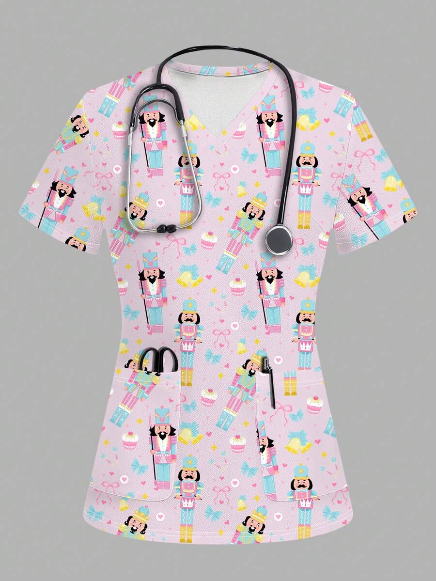 TaskEZ 粉色胡桃夹子士兵印花女式/护士服上衣 - 彩色 - 查看 1
