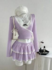 Elamini 两件套女士V领针织蕾丝边长袖上衣搭配蝴蝶结装饰蓬蓬裙，休闲甜美少女约会之夜装扮，适合圣诞派对、新年等场合，粉色 - 紫色 - 查看 1