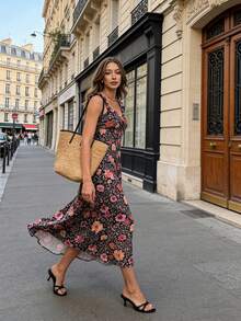 SHEIN PariChic Đầm maxi ôm dáng cổ chữ V tay bồng họa tiết hoa nhí mới dành cho nữ, lãng mạn và thanh lịch, thích hợp cho mùa xuân/hè. - Nhiều màu - Xem 5