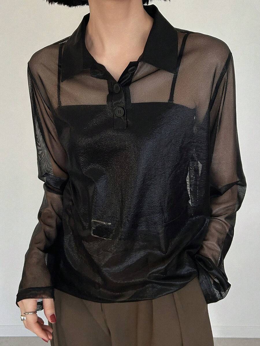 FRIFUL Women's Loose Sheer Mesh Polo Collar Blouse, Lightweight Summer Top - Black - View 1