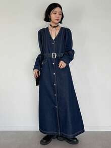 FRIFUL Women's Casual Commuter Front Button Long Denim Dress - Blue - View 3