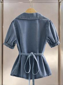 GlowEve 女士翻领短泡泡袖双排扣休闲牛仔外套 - 藍色 - 查看 2