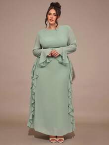 SHEIN BAE 大码女式纯色圆领喇叭袖荷叶边下摆优雅连衣裙 - 綠色 - 查看 6