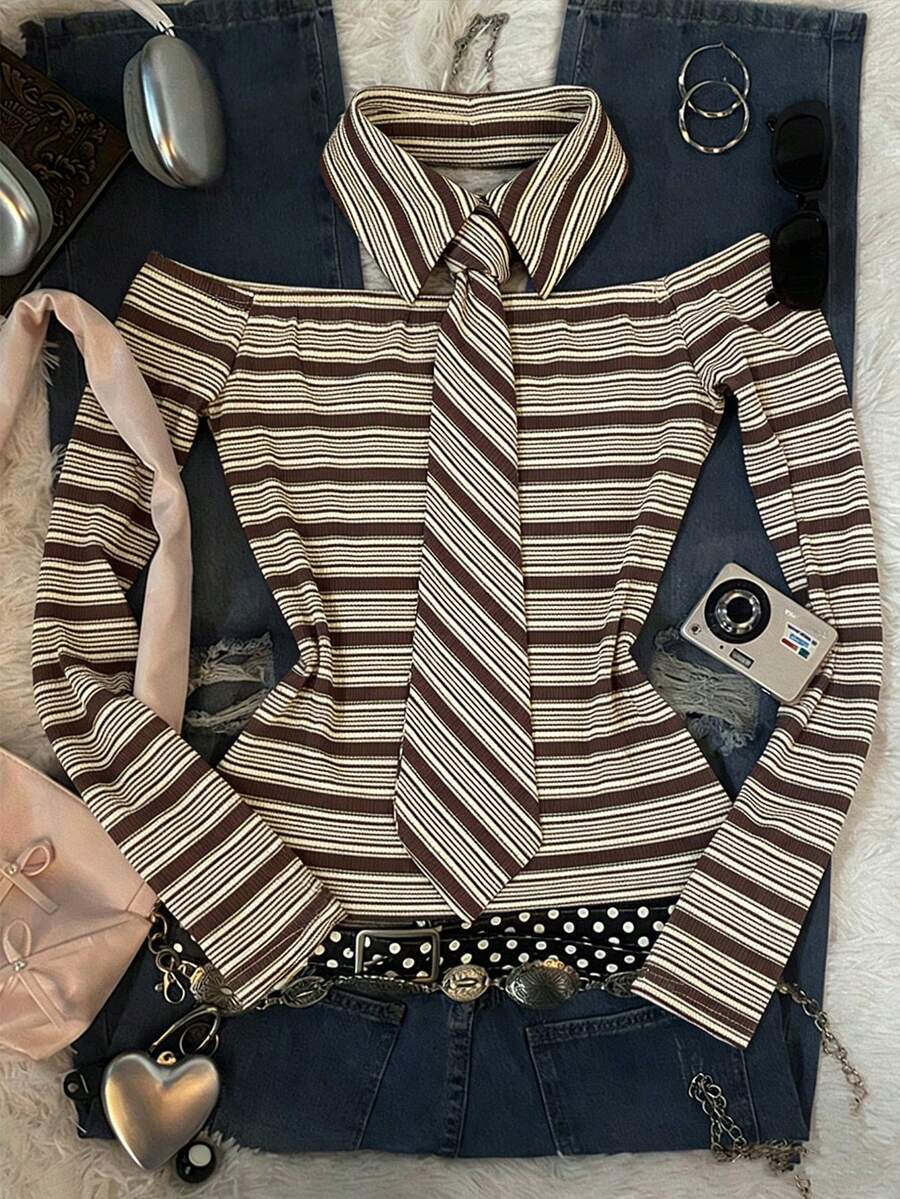 Rina Fox Women's Striped Off-Shoulder T-Shirt With Tie, Casual Versatile For Dating And Outings, Long Sleeve - Brown - View 1