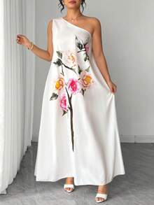 Elenzga 大码女式宽松印花无袖不对称肩部优雅连衣裙 - 米色 - 查看 3