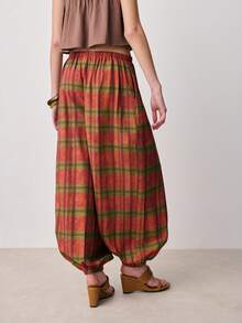 Nöista Plaid Harem Pants , Balloon Pants A Relaxed Fit With Gathered Elastic Cuffs And An Adjustable Waist. Spring , Summer , Women, Everyday Wear. - Red - View 2