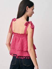 Nöista Áo kiểu kẻ caro với dây buộc điều chỉnh được, cổ áo xếp ly và thiết kế nhiều lớp với tua rua ở gấu áo. Thích hợp cho mùa xuân, hè và lễ Phục sinh. - Đỏ - Xem 2