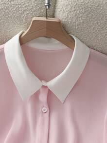 GlowEve CURVE Áo sơ mi nữ cỡ lớn tay ngắn cổ ve áo phối màu, cài một hàng khuy, kiểu dáng thường ngày. - Màu Hồng baby - Xem 6