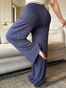 Dazy Plus Ditsy Floral Drawstring Waist Fitted Straight Leg Pajama Bottoms - Navy Blue - View 2