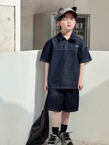 DAZY Tween Boy Letter Graphic Short Sleeve Denim Top And Denim Shorts Casual Outfit Summer - Blue - View 6