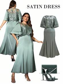 Ellevyn 大码优雅派对刺绣网纱拼接连衣裙 - 綠色 - 查看 11