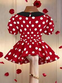 Elenzga Valentine's Day Lantern Sleeve Contrast Collar Polka Dot Women Blouse - Red - View 2