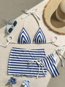 Swim Vcay 3件套条纹印花三角挂脖泳衣套装，女士度假装 - 藍白色 - 查看 4
