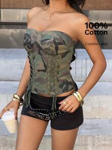 Muchica Áo ống denim họa tiết rằn ri rừng, chất liệu 100% cotton, phong cách đường phố mùa hè dành cho nữ, thích hợp mặc đi chơi. - xanh quân đội - Xem 5