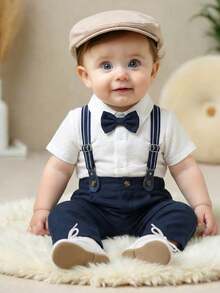 SHEIN 2pcs Baby Boy Gentleman Outfit,White Summer Elegant Wedding Guest Suit,Stylish Bow Tie,Striped Collar Shirt,Vest&Casual Shorts,Toddler Boys Party Wear - Multicolor - View 1