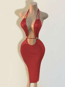 BamGleam 女士纯色镂空设计圆环连接性感紧身吊带连衣裙 - 紅色 - 查看 5