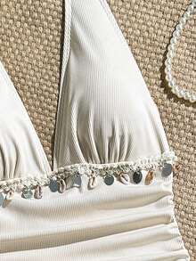 Swim Chiccia 2pcs Elegant Solid Color Ribbed Halter Neck Swimwear Top And High Waist Bikini Bottom Set - Multicolor - View 8